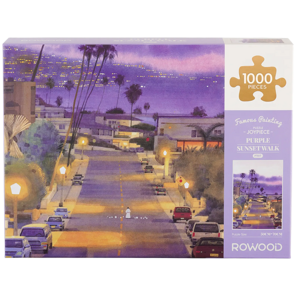 Front of package of the Robotime Purple Sunset Walk, 1,000-piece jigsaw puzzle of a street in a quiet town during a purple-colored sunset