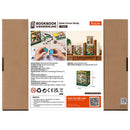 Back of package of the Robotime Quiet Corner Study, low book nook construction kit for a cosy study room
