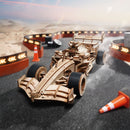 Atmospheric presentation of the Robotime Racing Car, wooden model kit of a driving racing car