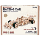 Front of package of the Robotime Racing Car, wooden model kit of a driving racing car