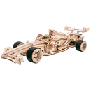 Product photo of the Robotime Racing Car, wooden model kit of a driving racing car