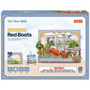 Front of package of the Robotime Red Boats, wooden diorama kit featuring two red sailboats moored at a pier