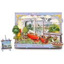 Product photo of the Robotime Red Boats, wooden diorama kit featuring two red sailboats moored at a pier