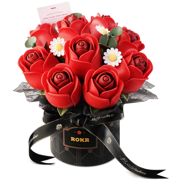 Product photo of the Robotime Red Rose Bouquet, plastic model kit of a bouquet of red roses and white daisies in a black vase with a black ribbon around it