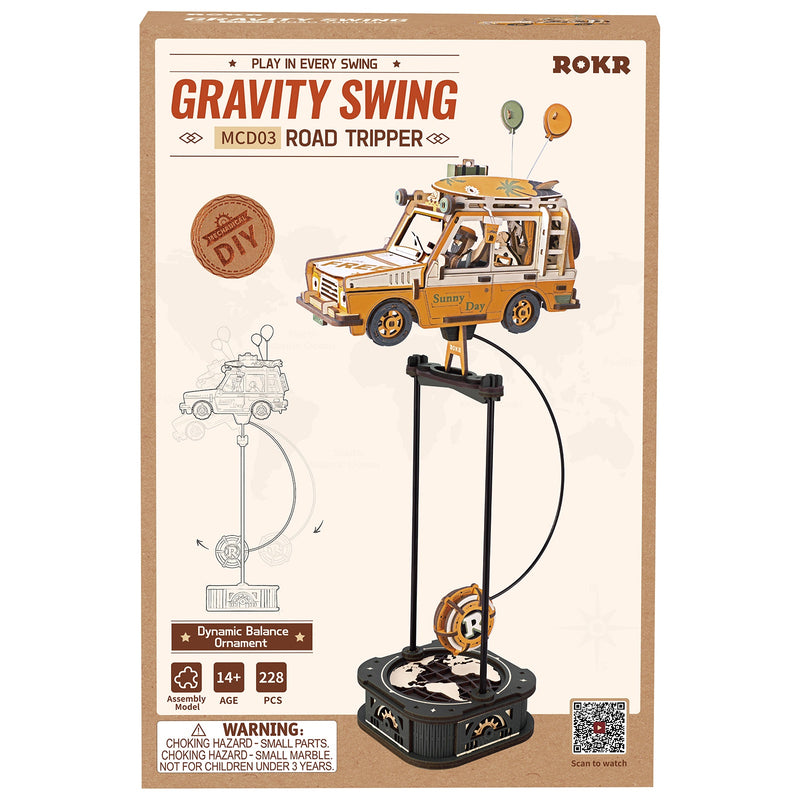 Front of package of the Robotime Road Tripper, wooden construction set of a rocking car