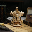 Atmospheric presentation of the Robotime Romantic Carousel, wooden construction kit for a rotating music box in the shape of an old-fashioned carousel