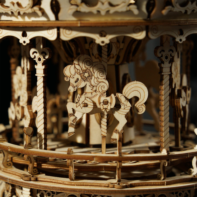 Close-up of one of the horses in the Robotime Romantic Carousel