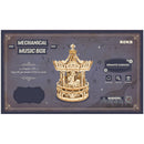 Front of package of the Robotime Romantic Carousel, wooden construction kit for a rotating music box in the shape of an old-fashioned carousel