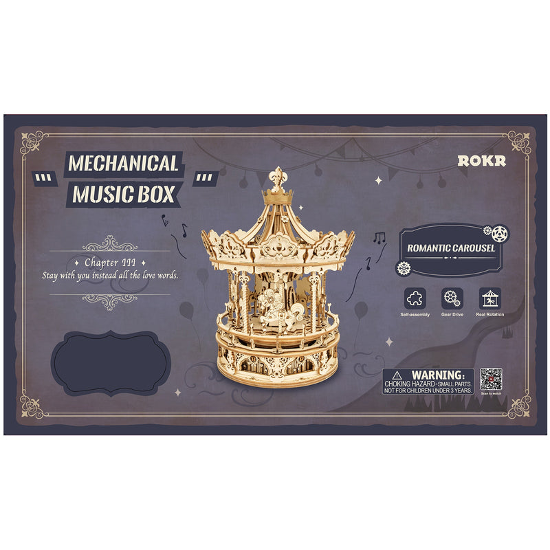Front of package of the Robotime Romantic Carousel, wooden construction kit for a rotating music box in the shape of an old-fashioned carousel
