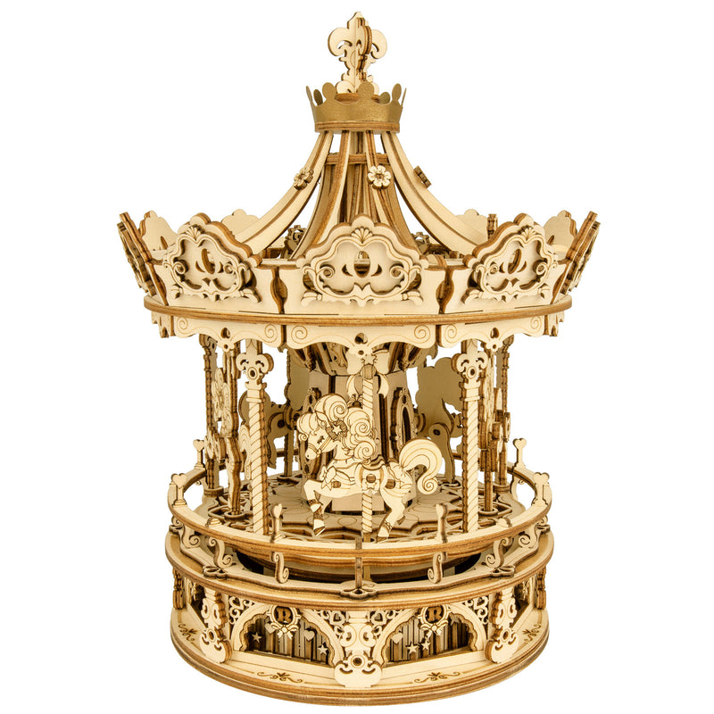 Product photo of the Robotime Romantic Carousel, wooden construction kit for a rotating music box in the shape of an old-fashioned carousel