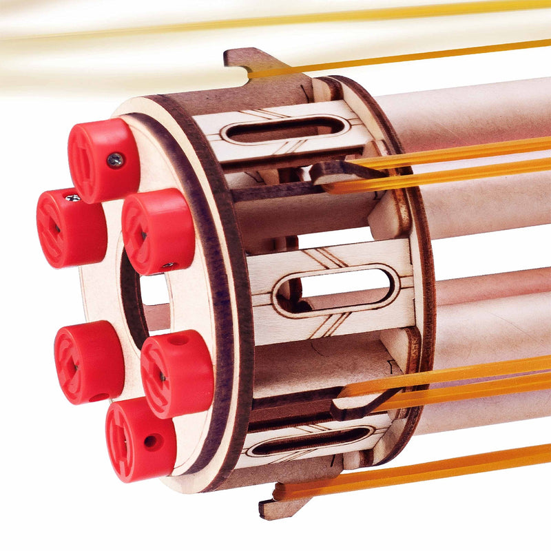 Close-up of the end of the six barrels of the Robotime Rotating-Barrel Machine Gun