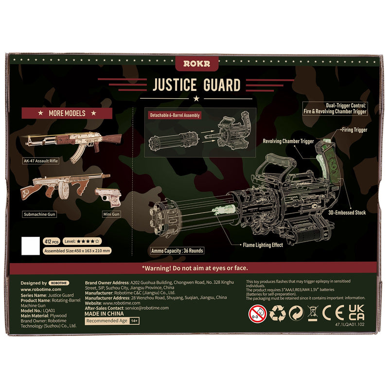 Back of package of the Robotime Rotating-Barrel Machine Gun, wooden construction kit minigun that fires rubber bands