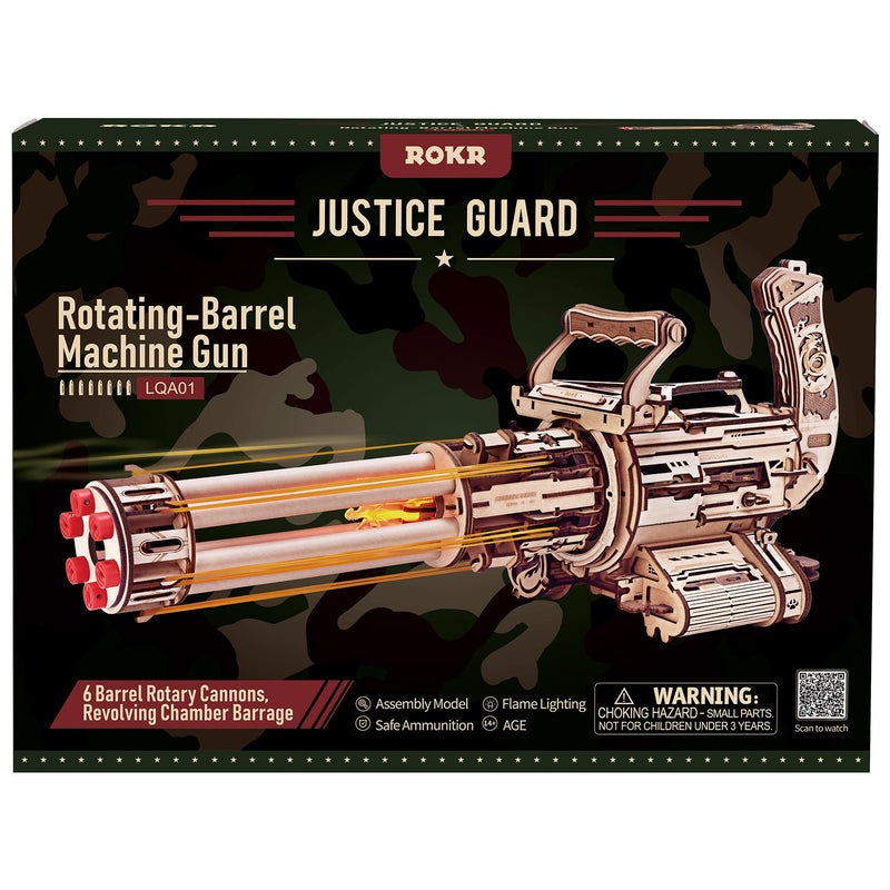 Front of package of the Robotime Rotating-Barrel Machine Gun, wooden construction kit minigun that fires rubber bands