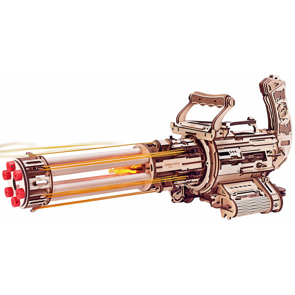 Product photo of the Robotime Rotating-Barrel Machine Gun, wooden construction kit minigun that fires rubber bands