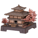 Product photo of the Robotime Sakura Pavilion, wooden construction kit for a Japanese pavilion with cherry blossom trees on both sides of the building