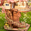 Close-up of the stairs and tree house of the Robotime Sakura Tree House