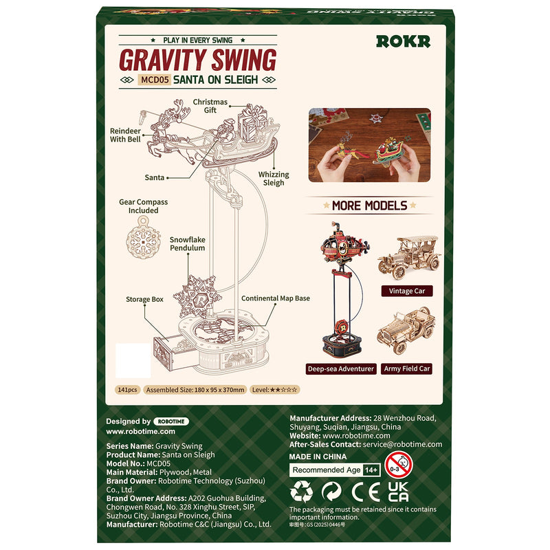 Back of package of the Robotime Santa on Sleigh, wooden construction set of a rocking sleigh with a reindeer