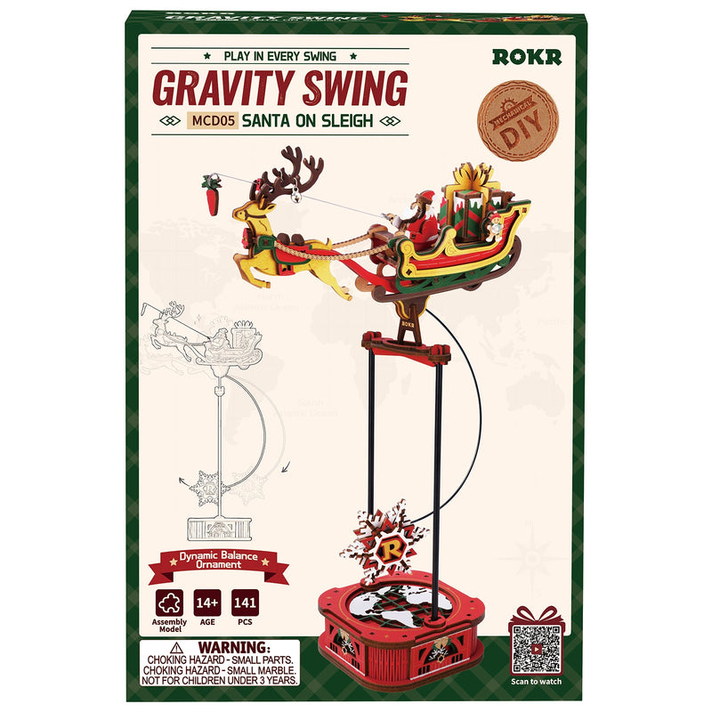 Front of package of the Robotime Santa on Sleigh, wooden construction set of a rocking sleigh with a reindeer