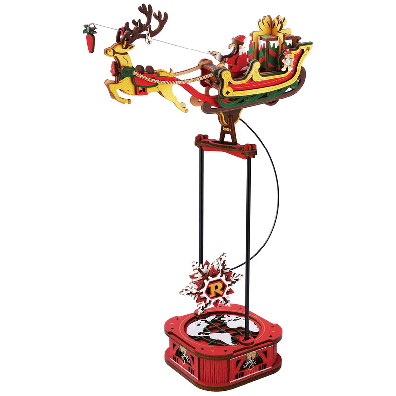 Product photo of the Robotime Santa on Sleigh, wooden construction set of a rocking sleigh with a reindeer