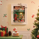 Atmospheric presentation of the Robotime Santa’s Toy Shop, diorama of a Christmas themed store with lights