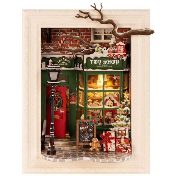 Product photo of the Robotime Santa’s Toy Shop, diorama of a Christmas themed store with lights