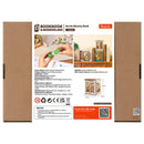 Back of package of the Robotime Secret Bloomy Nook, construction kit for a low book nook filled with plants and books, featuring opening doors