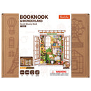 Front of package of the Robotime Secret Bloomy Nook, construction kit for a low book nook filled with plants and books, featuring opening doors