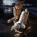 Atmospheric presentation of the Robotime Space Shuttle, wooden construction set of a spacecraft on a launch platform