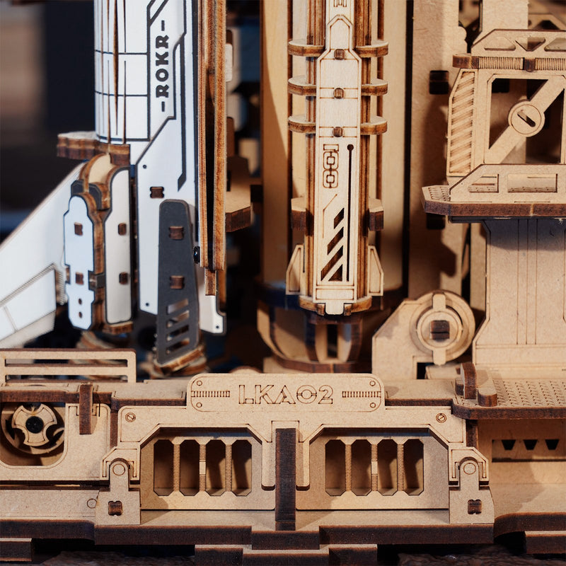 Details of the underside of the shuttle and launch pad of the Robotime Space Shuttle