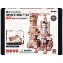 Front of package of the Robotime Space Shuttle, wooden construction set of a spacecraft on a launch platform