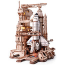 Product photo of the Robotime Space Shuttle, wooden construction set of a spacecraft on a launch platform