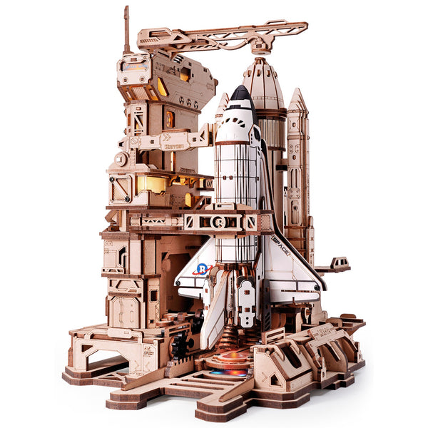 Product photo of the Robotime Space Shuttle, wooden construction set of a spacecraft on a launch platform