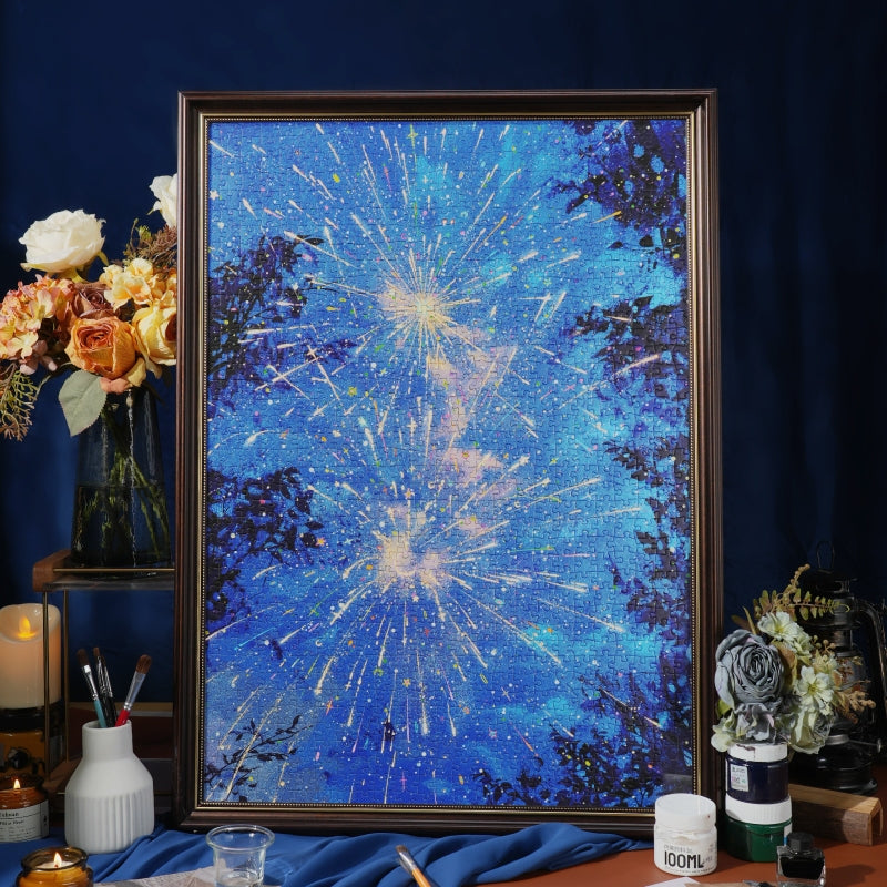 Atmospheric presentation of the Robotime Sparkling Summer Night, 1,000-piece jigsaw puzzle of fireworks on a summer night
