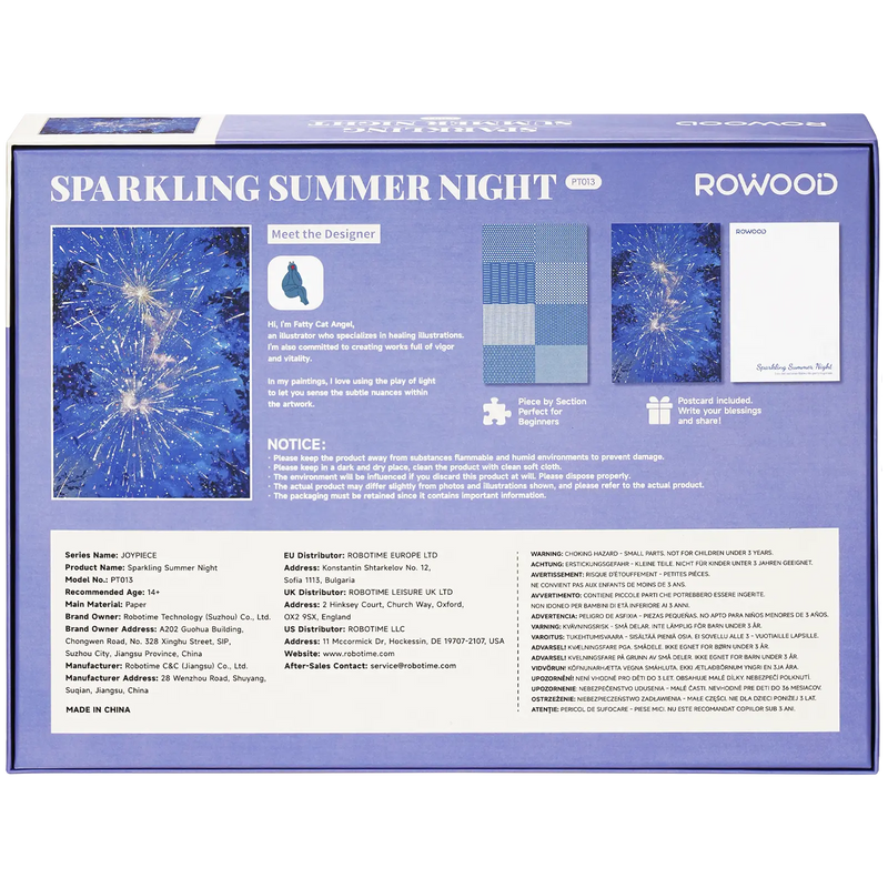 Back of package of the Robotime Sparkling Summer Night, 1,000-piece jigsaw puzzle of fireworks on a summer night