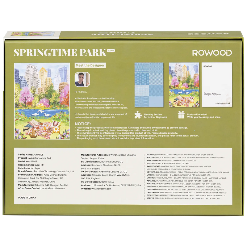 Back of package of the Robotime Springtime Park, 1,000-piece jigsaw puzzle of a picnic at the swan pond in the park in spring