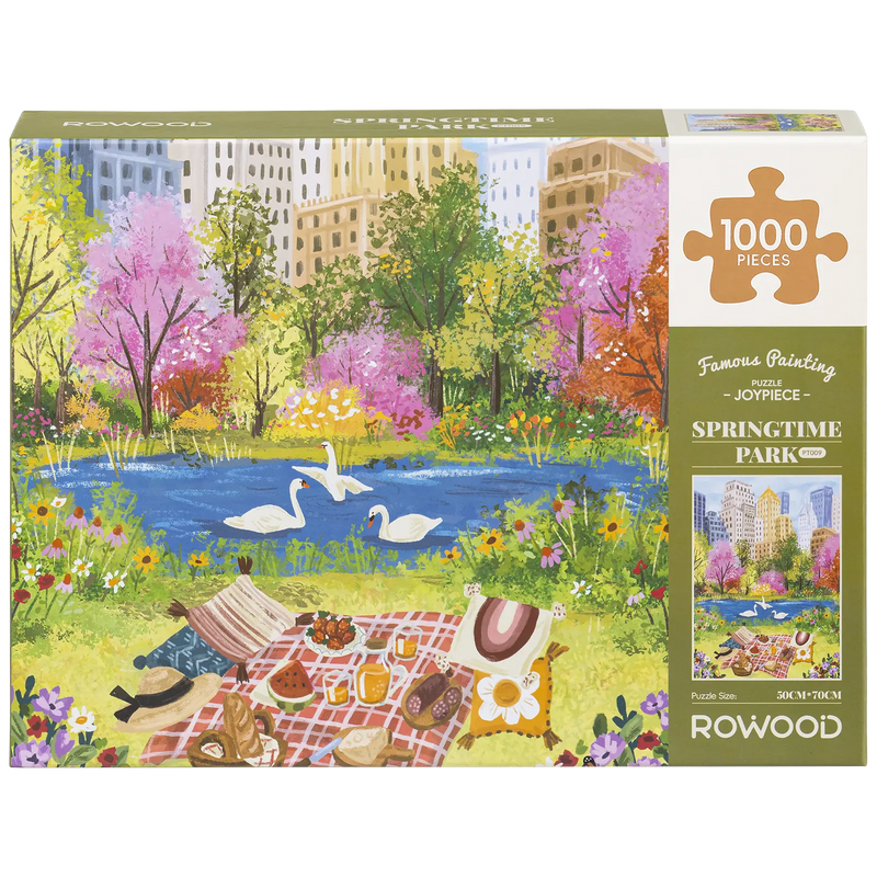 Front of package of the Robotime Springtime Park, 1,000-piece jigsaw puzzle of a picnic at the swan pond in the park in spring
