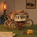Atmospheric presentation of the Robotime Stagecoach, wooden construction kit for a music box in the shape of a driving, old-fashioned carriage