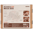 Back of package of the Robotime Stagecoach, wooden construction kit for a music box in the shape of a driving, old-fashioned carriage