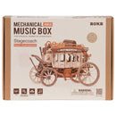 Front of package of the Robotime Stagecoach, wooden construction kit for a music box in the shape of a driving, old-fashioned carriage