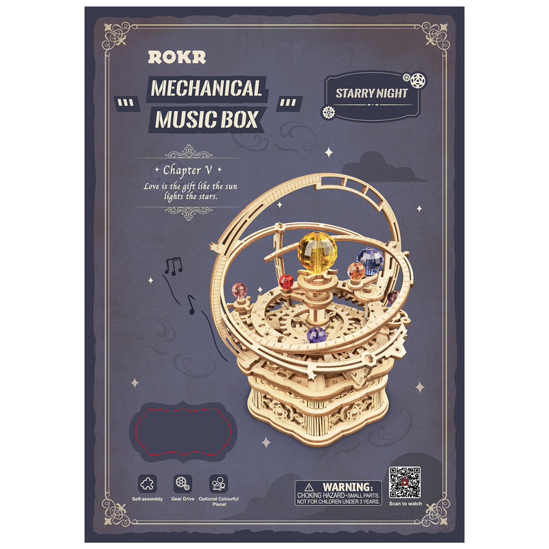 Front of package of the Robotime Starry Night, wooden construction kit for a music box in the shape of a small planetarium