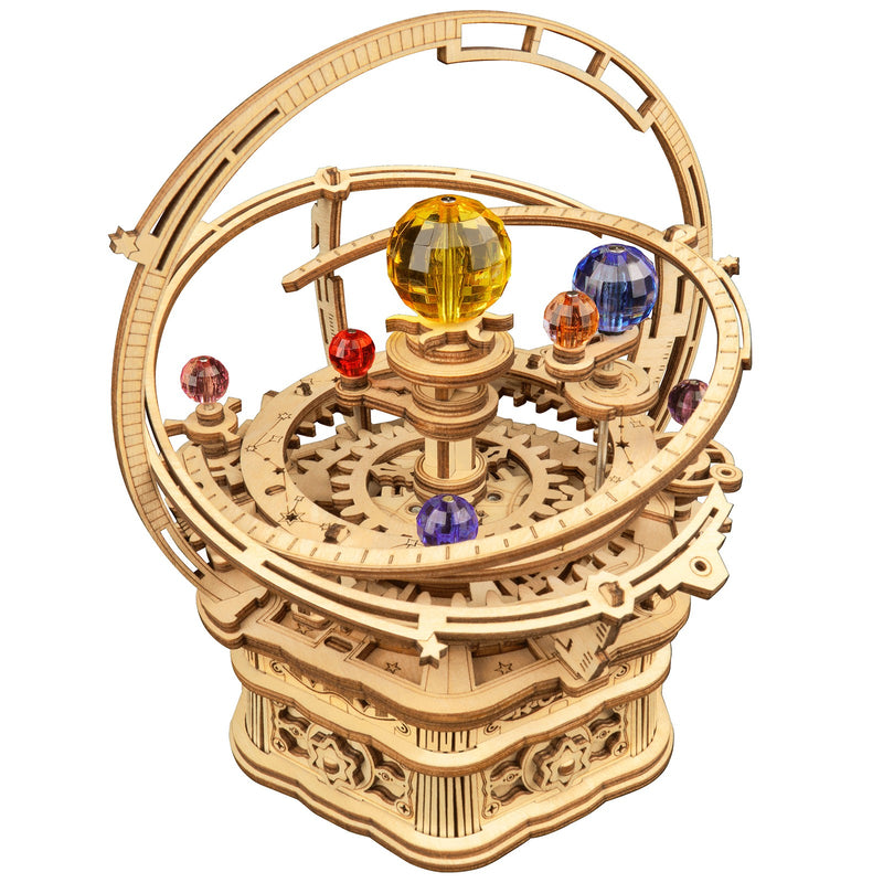 Product photo of the Robotime Starry Night, wooden construction kit for a music box in the shape of a small planetarium