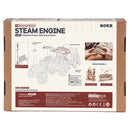 Back of package of the Robotime Steam Engine, wooden construction kit of a vintage steam vehicle with trailer
