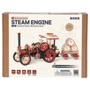 Front of package of the Robotime Steam Engine, wooden construction kit of a vintage steam vehicle with trailer