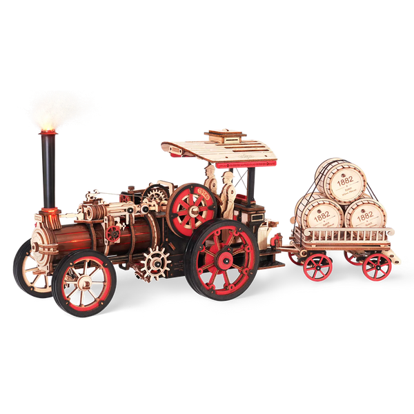 Product photo of the Robotime Steam Engine, wooden construction kit of a vintage steam vehicle with trailer