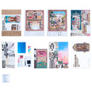 Contents of the package of the Robotime Street Scene, book nook of a streetscape in perspective view, with a set of stairs in the foreground