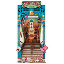 Product photo of the Robotime Street Scene, book nook of a streetscape in perspective view, with a set of stairs in the foreground