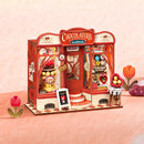 Atmospheric presentation of the Robotime Sweet Chocolate Shop, construction kit for a miniature house of an old-fashioned chocolate shop