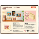 Back of package of the Robotime Sweet Scoopery Ice Cream, diorama in a frame of an ice cream cart in front of a cute ice cream shop