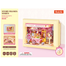 Front of package of the Robotime Sweet Scoopery Ice Cream, diorama in a frame of an ice cream cart in front of a cute ice cream shop