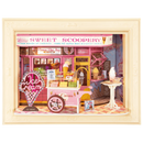Product photo of the Robotime Sweet Scoopery Ice Cream, diorama in a frame of an ice cream cart in front of a cute ice cream shop